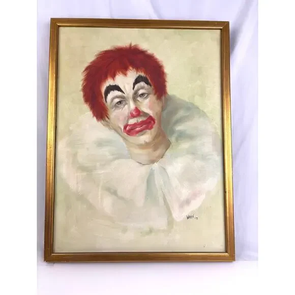 Vintage Signed Sad Clown Oil Painting by WREN ’79 Framed Original Artwork MCM